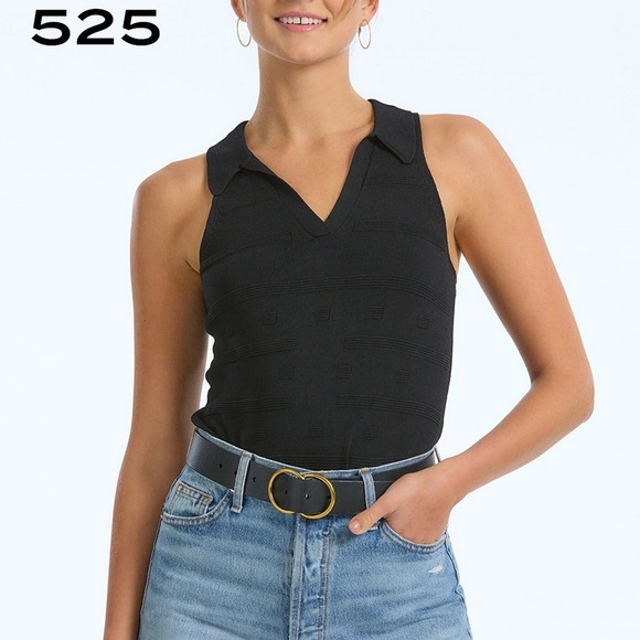 525 AMERICA TONAL JACQUARD POLO BODYSUIT BLACK COLLARED THONG BODYSUIT SMALL - Picture 1 of 8
